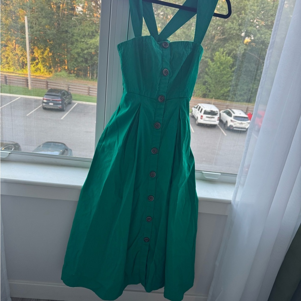 Maeve Strapless Green Dress with Button Detail